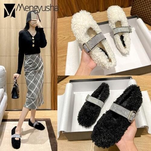 Crystal band lambwool fur flat shoes woman round toe comfy plush moccasins anti-slip ladies furry winter shoes cotton flats 2020