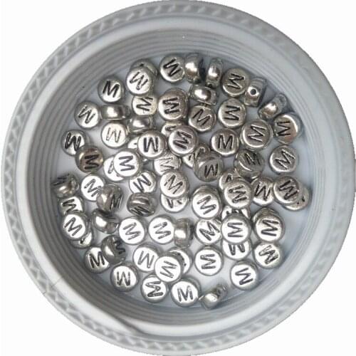 Newest 4*7MM 3600PCS Black Letter M Printing Silver Round Alphabet Jewelry Beads,Flat Round Coin Plastic Name Bracelet Beads