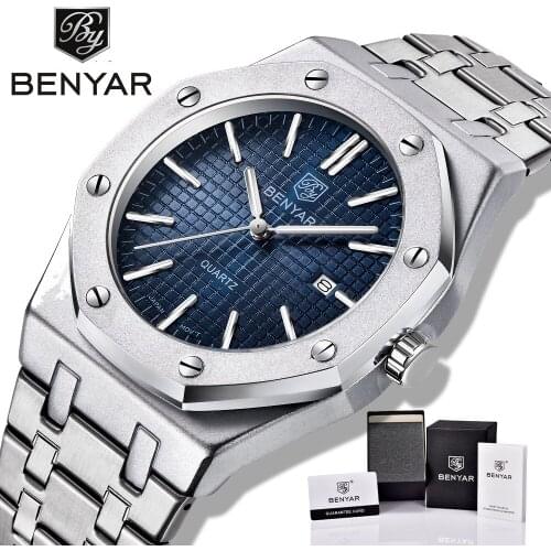 BENYAR Quartz Wristwatch Mens Luxury Brand 42MM Luminous Dial Automatic Date Waterproof Clock Stainless Steel Strap Male Watch