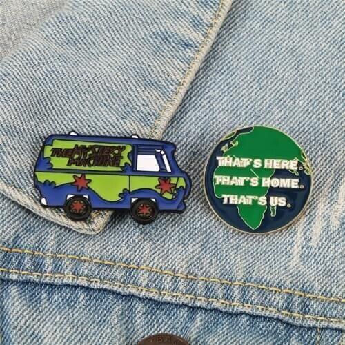 THE MYSTERY MACHINE Cartoon Travel Bus Car Enamel Pins Environmental Green Earth Brooch Shirt Bag Lapel Pin Funny Badge Jewelry