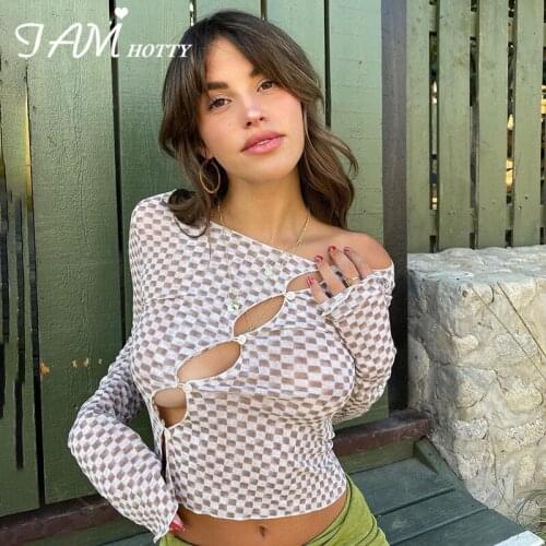 Checkerboard Plaid T-shirts Women Sexy Slanted Button Up Hollow Out Cropped Top Tee y2k Harajuku Long Sleeve Tops Shirt Iamhotty