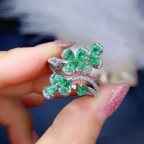 Fashion 100% 925 Sterling Silver Flowers Natural Emerald Created Moissanite Wedding Party Bohemian Ring For Women Fine Jewelry