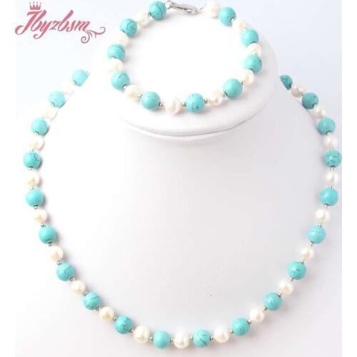 Hot Round Freshwater Pearl Stone Beads Wedding Necklace Bracelet Set Bridal Jewelry For Women Elegant Party Gift Fashion Costume
