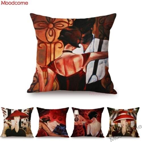 Red Modern Art Abstract Fashion Girl Woman Dancing Oil Painting Art Cotton Linen Sofa Throw Pillow Case Decorative Cushion Cover