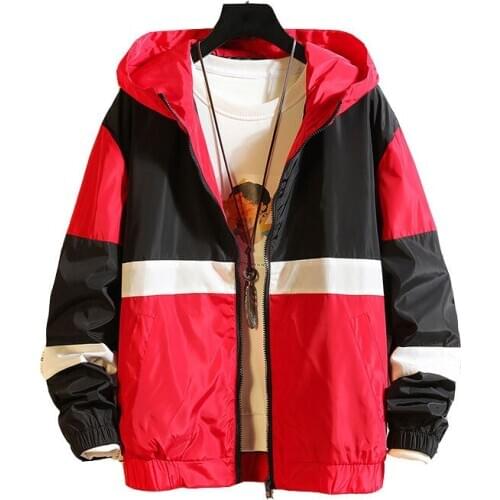 Fashion Men`s Patchwork Street Jacket With Hood Loose Fit Outwear Windbreak Male Hooded Bomber Jackets Men Plus Size