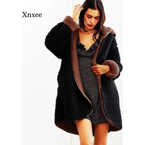 Winter Womens Double-Sided Soft Fleece Hooded Lamb Leather Jacket Double-Sided Lamb Wool Retro Hooded Parka Coat