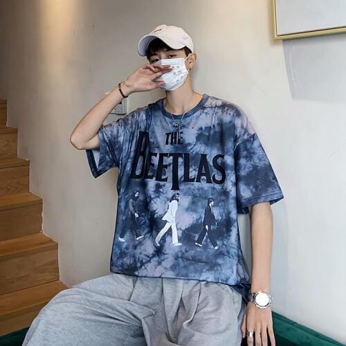 Summer European and American hip-hop short-sleeved ins tide brand mens casual T-shirt wild half-sleeved tie-dye loose trend