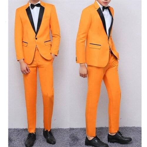 Two Piece Mens Suits Bright Orange Peaked Lapel Jacket+Pant Custom Made Fashion Slim Fit Groom Tuxedos Wedding Suit