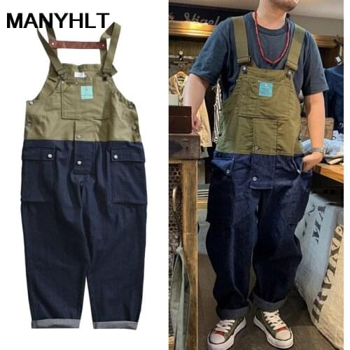 Mens European and American Fashion Color-blocking Jumpsuits Mens American Suspenders and Overalls Denim Trousers