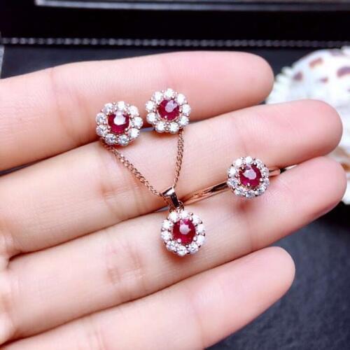 Natural red ruby Ring Pendant Earrings Natural Gemstone Jewelry Set 925 Silver fashion Small round Sun flower Women gift jewelry