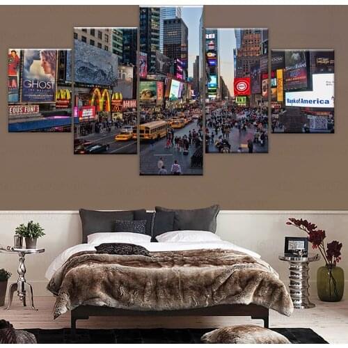Wall Art Pictures HD Printed Canvas Poster 5 Pieces Flourishing Times Square New York City Streets Painting Modular Home Decor