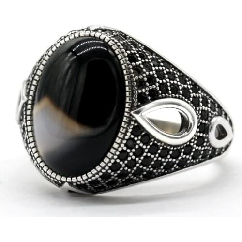Natural Agate Ring for Men Pure 925 Sterling Silver Vintage Oval Gemstone with Black Zircon Male Rings Turkish Handmade Jewelry