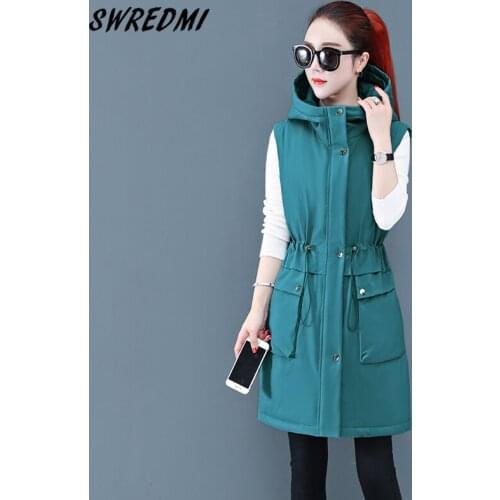 SWREDMI Autumn Winter Long Waistcoat Women Hooded Slim Solid Fashion Vest Jacket Students Female Coat Parka Sleeveless