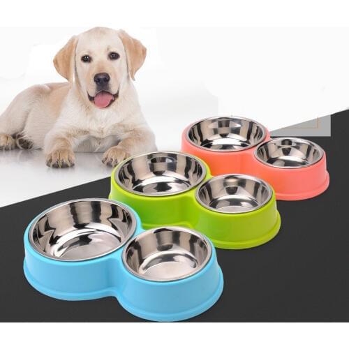 Plastic 8 Shaped Pet Double Bowls Stainless Steel Dog Bowl Cat Food Bowls Water Container for Puppy Small Dogs Feeders