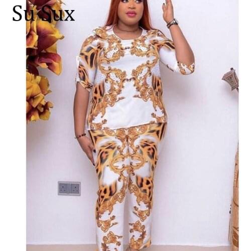 Plus Size Suit Casual 2 Piece Set Tracksuit Women African Clothes Print O Neck Top and Long Pants Suit Dashiki 2021 Spring