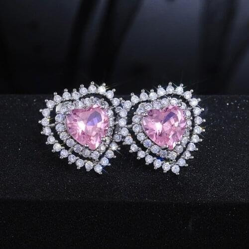 Huitan Gorgeous Pink Heart Stud Earrings for Women Bling Cubic Zirconia Engagement Earrings Birthday Girls Gift Trendy Jewelry