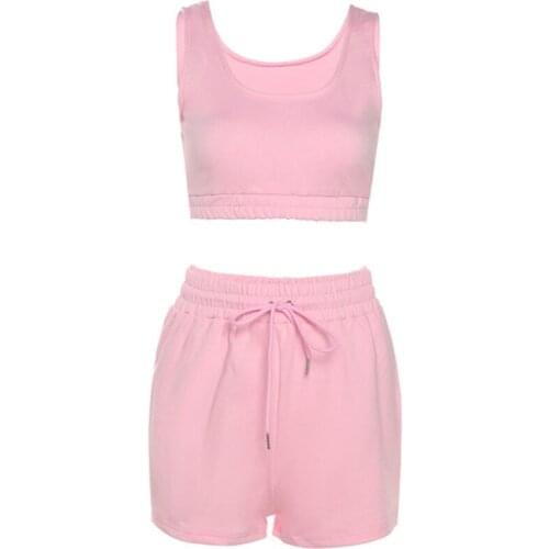 Women Solid Color Sportswear 2pcs Sleeveless Crop Tank Top and Drawstring Shorts Matching Set Summer Tracksuit Outfits