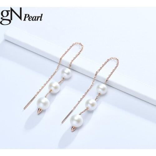 GN Pearl 925 Silver Drop Line Earrings gNPearl Genuien 5-8mm White Natural Freshwater Pearl Earrings Fine Jewelry for Women Gift