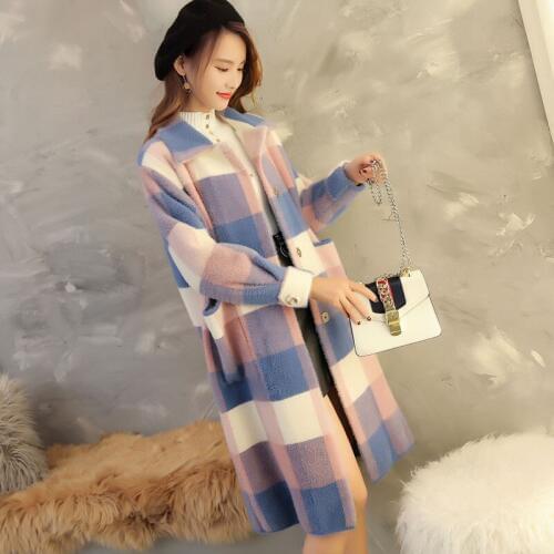 Womens Cashmere Cardigan Jacket Winter Thicken Loose Imitation Water Velvet Jacket Lady Long Knitting Sweater Plaid Coat W1713
