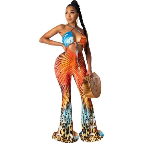 Ladies Summer Slim Printed Flared Pants Bandage Halter Jumpsuit