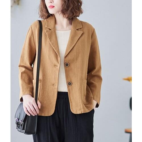 Women Cotton Linen Tailored Coats New Arrival 2021 Spring Vintage Style Turn-down Collar Solid Color Loose Female Jackets S3735
