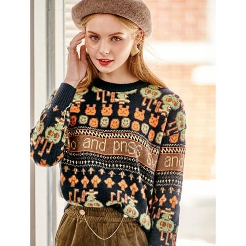 Cartoon Jacquard Knit Pullover Women Sweater 2021 Winter Warm Coat Full Sleeve O-neck Korean Fashion Female Harajuku Jumpers Top