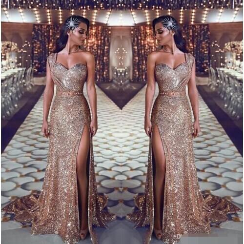 Free shipping 2020 One Shoulder Sequin Mermaid Evening Dress Ruched Split Beaded Waistband Party Gowns Plus Size Prom Dresses