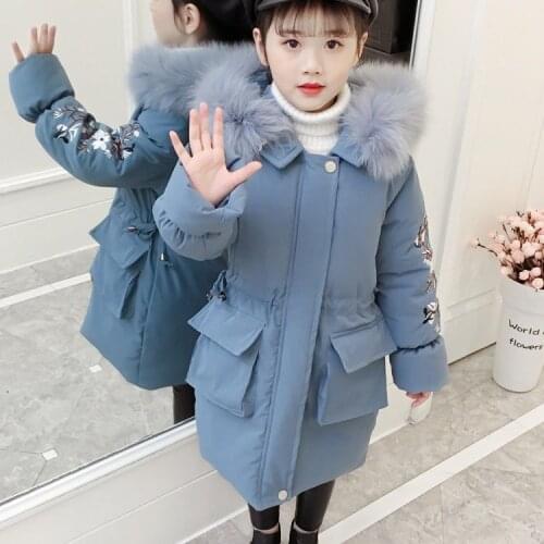 Girls Winter Clothing 2021 New Fur Collar Solid Color Hooded Down Cotton Waist Waist Mid-Length Thick Warm Jacket