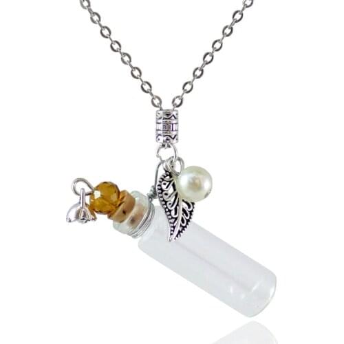 2PCS Clear Glass Perfume Bottle pendant Necklaces with leaf charm Test Bottle Wishing Bottle Necklace Friends Gift