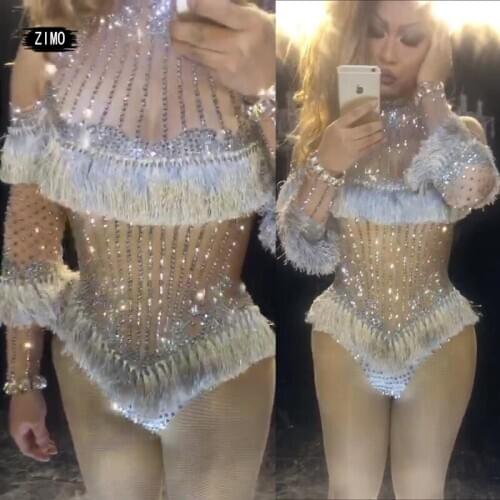 2020 High Quality Diamonds Beading Off The Shoulder Tassel High Elasticity Bodysuits Nightclub Party Bodysuits Crystals Leotard