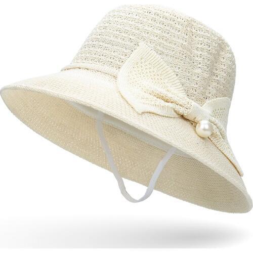 2020big pearl sunshade hat with windproof rope Summer new bow cool hat ladies outdoor sunscreen beach basin cap