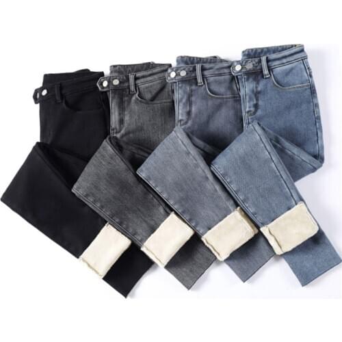 2020 High Waist Jeans Women Winter Warm Stretch Denim Trousers Solid Thickening Pencil Pants Plus Size Fleece Sweatpants P9616