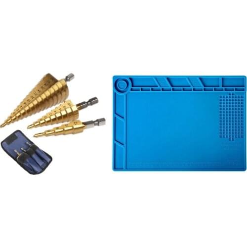 3Pc Step Cone Taper Drill Bit Set Hole Cutter Metric 4-12/20/32mm with S-140 Magnetic Repair Mat, Work Mat 932°F