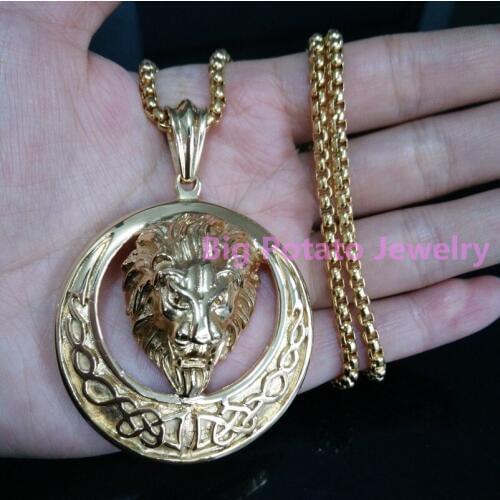 316L Stainless Steel Yellow Gold Vintage Lion Head Pendent Jewelry Nacklace For Mens Boys With Free Gold Box Aberdeen Chain