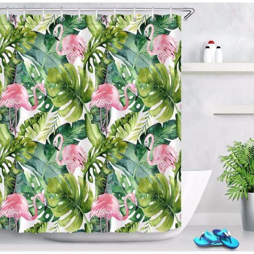 72'' Bathroom Fabric Shower Curtain Liner Vintage Tropical Green Banana Leaves & Pink Flamingos Polyester Waterproof & 12 Hooks