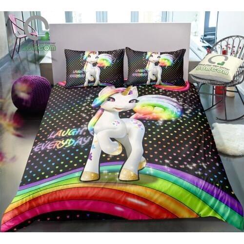 BOMCOM 3D Digital Printing Bedding Set Happy Unicorn Stand on Rainbow Laugh Everyday 3-Piece Duvet Cover Sets 100% Microfiber
