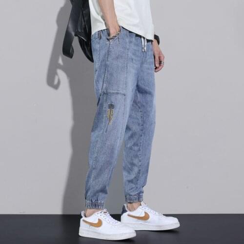 Washed Stitching Jeans Mens Casual Sports Loose Harem Pants Retro Youth Blue Stretch Trend Nine-point Trousers Streetwear Thin