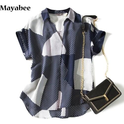 Daily Comfortable Vertical Stripes! Elegant Women Silk Printed V-Neck Short Sleeve Shirt 2021 Spring Summer New