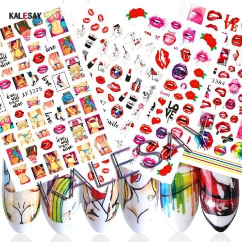 Hot Sexy Red Lips Stickers for Nails Adhesive Sliders Cool Lady Nail Stickers for Manicure Cartoon Rose Girls DIY Decor Tip