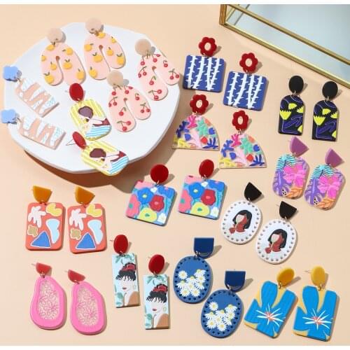 Dvacaman 2021 Fashion Multi-type Geometric Hand Painted Cartoon Fruits Flower Acrylic Resin Drop Earrings Women Colorful Jewelry