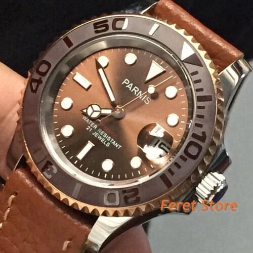 PARNIS Top Luxury 41mm Mens watches Brown Dial Sapphire Glass MIYOTA Automatic Movement Leather strap Luminous Wristwatch