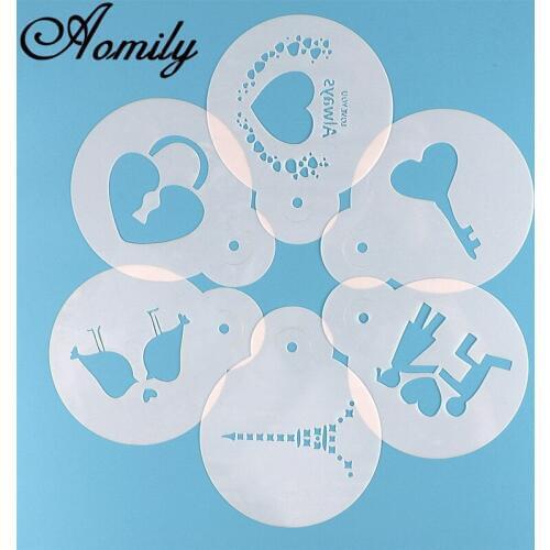 Aomily 6pcs/Set Love Key Lock DIY Cake Stencils Airbrush Painting Art Molds Fondant Decorating Tools Coffee Espresso Stencils
