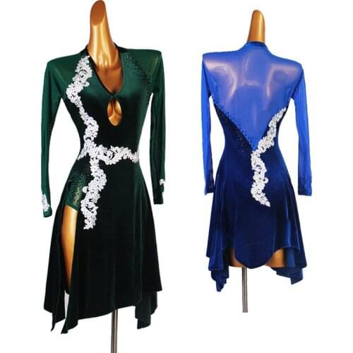 New Latin Dance Competition Dress Elegant Mesh Long Sleeve Rhinestone Rumba Stage Performance Clothes Samba Dancewear DQL5205