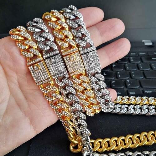 New Style Hip Hop Men ICED OUT Full Rhinestone Necklace MIAMI CUBAN CHAIN Bling Bling Iced Out Magnetic Clasp Luxury Necklaces