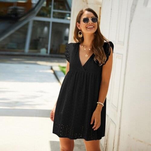 2021 Dress Fashion Ladies Dress V-neck White Yellow Lace Loose Summer Dress Short Mini A-line Beach Dress Vestido Women Clothing