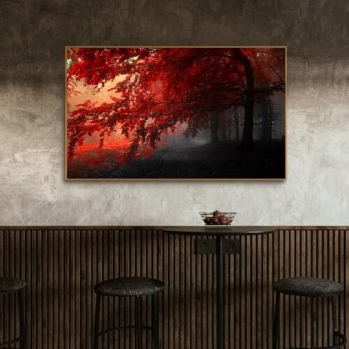Autumn Park Red Trees Beautiful Landscape Artistic Conception Decorative Painting Poster Suitable for Living Room Art Decoration