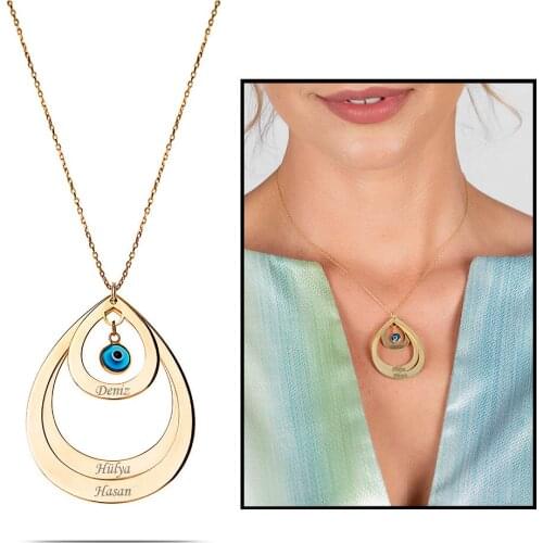 Tesbihane Personalized Name Written Gold Color 925 Sterling Silver Lady Three Drop Necklace