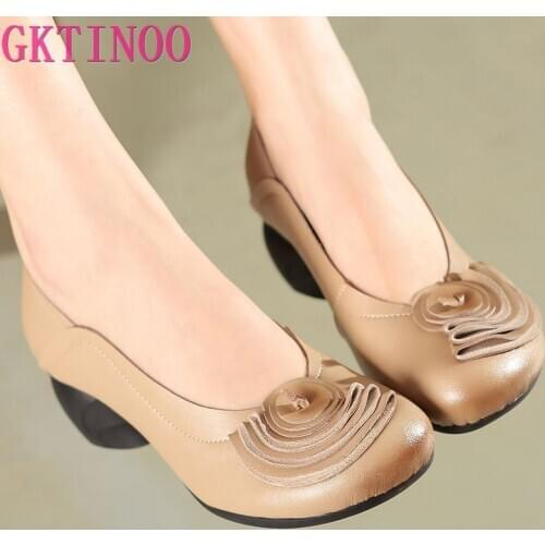 GKTINOO Flower Genuine Leather Women Pumps High Heels Shoes For Women Female Soft Autumn Handmade Office Shoes