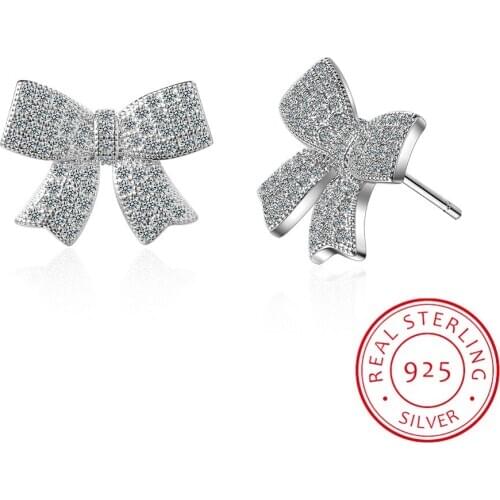 Simple 925 Sterling Silver Big Dazzling Bowknot CZ Zirconia Crystal Stud Earrings for Women S925 Needle Wedding Jewelry