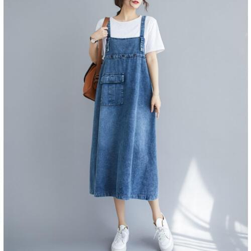 Women Denim Dress 2020 Summer New Large Size Womens Korean Retro Casual Suspender Dress Fashion Sleeveless Long Sundress k738